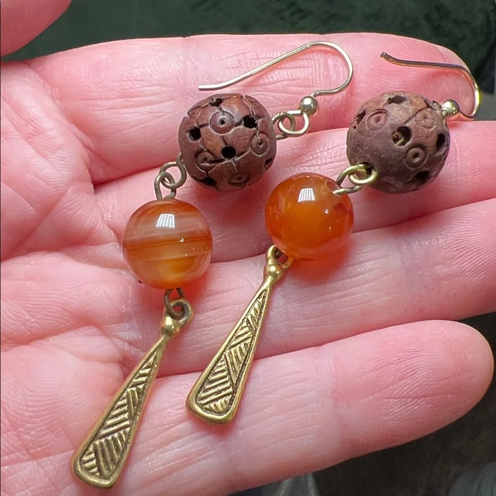 Vintage Boho Artisan Handcrafted Carved Wood and Orange Agate Dangle Earrings
